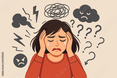 Stressed woman overwhelmed by anxiety, negative emotions, mental confusion, stress, depression, burnout, holding head, surrounded by angry clouds, question marks, chaos, emotional distress vector