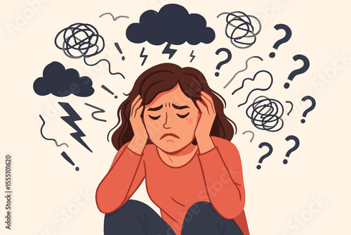 Stressed woman overwhelmed by anxiety, negative emotions, mental health crisis, confusion, depression, burnout, psychological distress, stress, chaos, stormy thoughts, vector illustration
