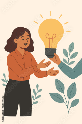 Creative teamwork concept. Woman receiving large glowing light bulb from colleague. Idea sharing, innovation, brainstorming, collaboration, knowledge transfer, partnership. Vector illustration