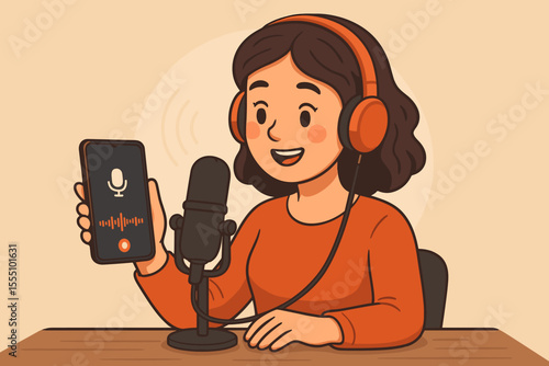 Podcast host woman recording audio with microphone and headphones, holding smartphone with voice recording app, modern technology communication, cartoon vector illustration, content creation concept