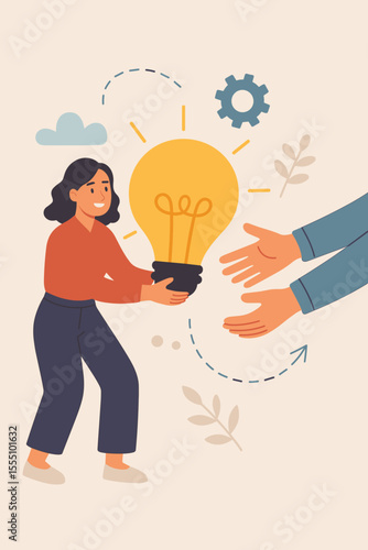 Woman Sharing Light Bulb Idea, Concept of Creative Collaboration, Teamwork, Innovation Exchange, Partnership, Brainstorming, Knowledge Sharing, Business Solution, Vector Illustration