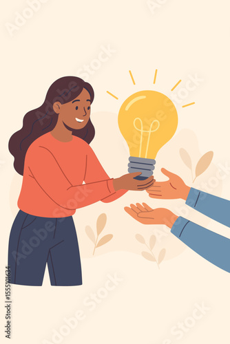 Woman passing large glowing light bulb to another person, teamwork and collaboration concept, creative idea sharing, innovation, brainstorming, partnership, vector illustration