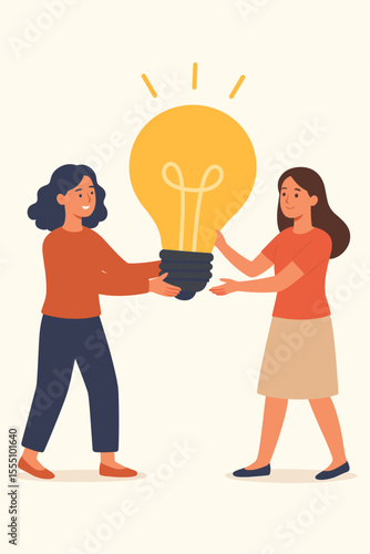 Two women sharing giant light bulb, teamwork and creative collaboration, idea exchange, innovation, brainstorming, partnership, cooperation, business concept, flat vector illustration