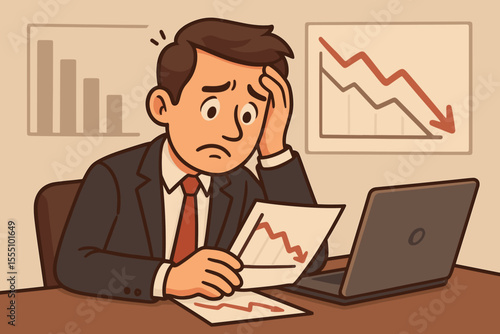 Stressed businessman analyzing falling financial charts, economic crisis, business failure, leadership challenges, market downturn, loss, cartoon office vector illustration, no text