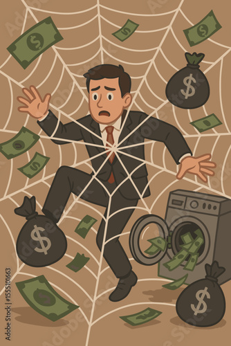 Businessman caught in a spider web of corruption and greed. Metaphor for money laundering, financial crime, and illegal schemes. Man trapped by debt and bribery illustration.