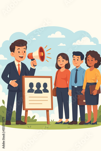 Recruiter with a megaphone announcing job vacancies. HR manager hiring new employees. Business recruitment and headhunting concept. Diverse candidates at a career fair seeking employment.