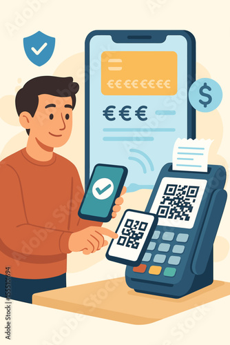 Customer making a secure contactless payment by scanning a QR code with a smartphone. Mobile banking app on a POS terminal. Cashless society, e-commerce, and fintech concept.