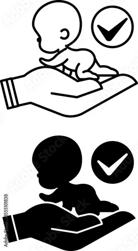 Adoption Icons. Black and White Vector Illustration. Adoption Process or Accepting a Child into Your Family. Human Hand and Baby. Concept Psychology