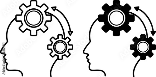 Algorithm Icons. Black And White Vector Illustrations. Clear Sequence Of Actions That Gives A Pre-Known Result. Human Head And Gears. Concept Psychology