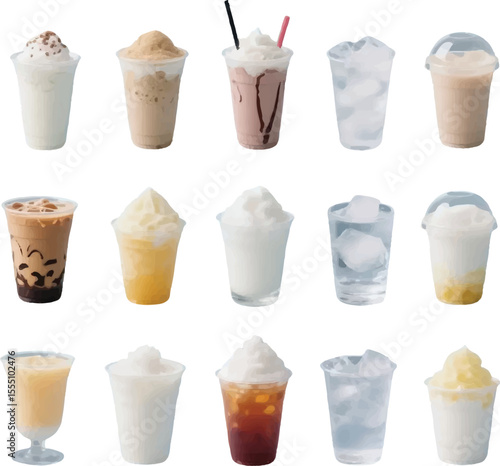 set of ice cream isolated Variety of Milkshakes and Refreshing Cold Drinks in Cups