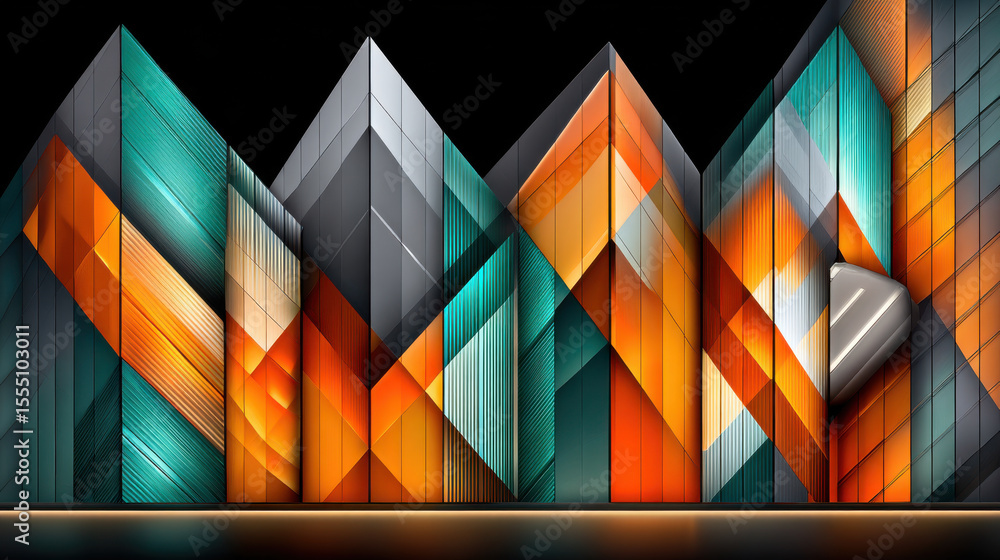Fototapeta premium Modern building exterior red yellow black geometric design concept. Colorful geometric facade with modern abstract pattern and vibrant lighting design