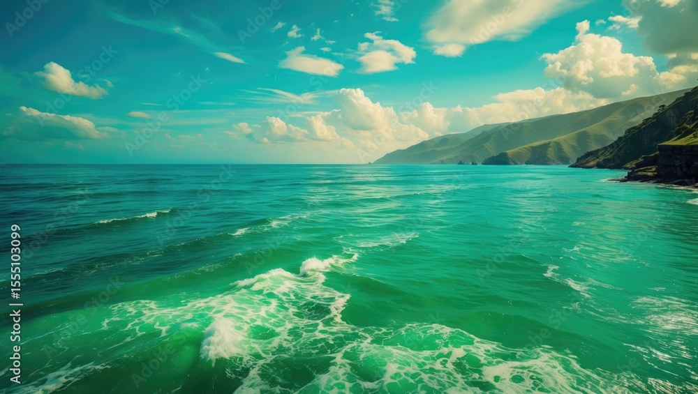 Fototapeta premium A scenic view of ocean waves with mountains in the background under partly cloudy sky