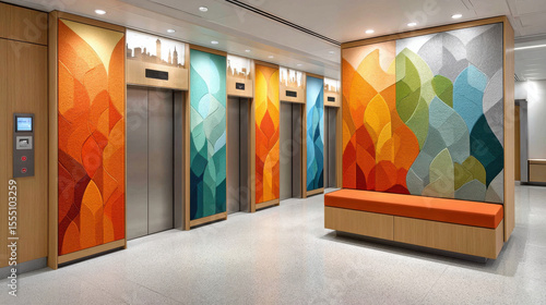 Modern building exterior red yellow black geometric design concept. Colorful abstract mural decorates modern elevator lobby with vibrant geometric wall panels