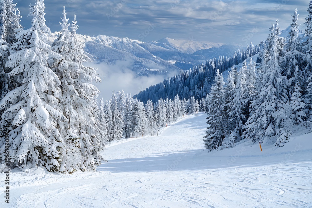 Obraz premium Snowy Mountain Escape Winter Wonderland Adventure Ski Slope Evergreen Trees Snow Covered Peak Landscape Beauty in Nature