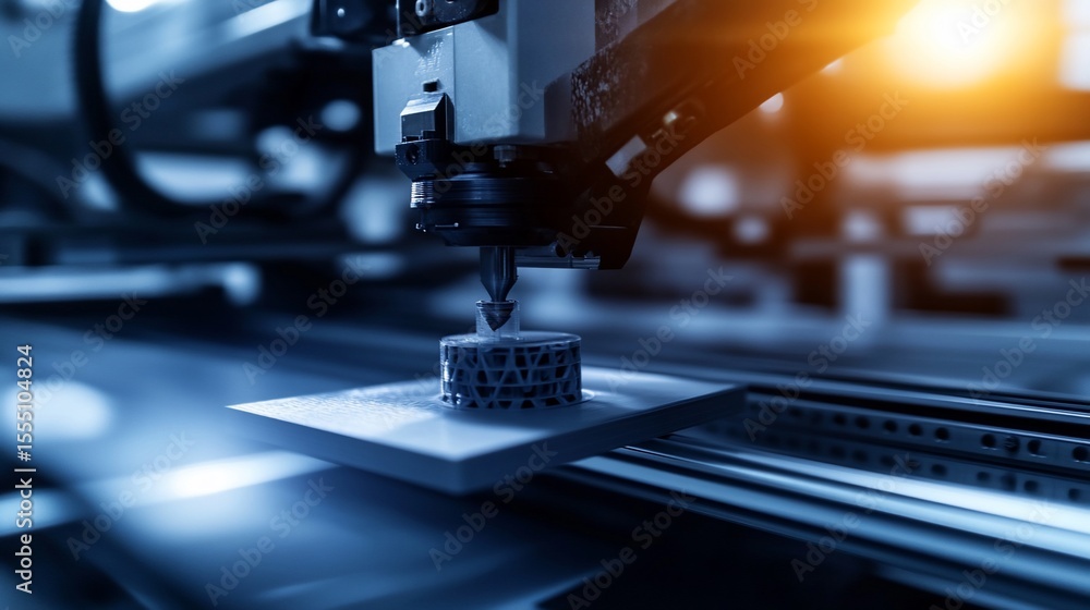 Close-up of 3D printer nozzle depositing material onto a build platform Close-up of 3D printer nozzle depositing material onto a build platform