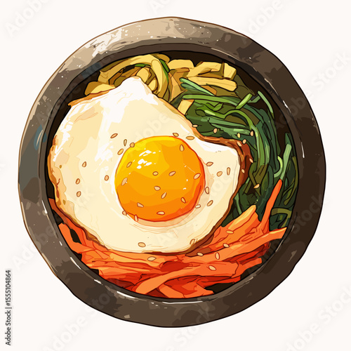 Korean Bibimbap Bowl with Egg and Mixed Vegetables