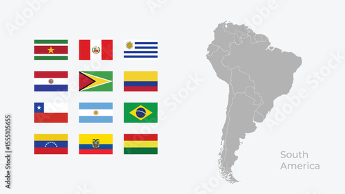 Vector Map of South America with Regional Borders and All African Country Flags