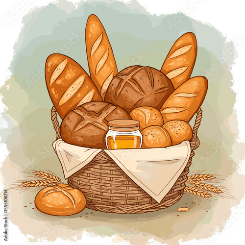 Bread basket with assorted loaves and jar of honey for Honey Spas  