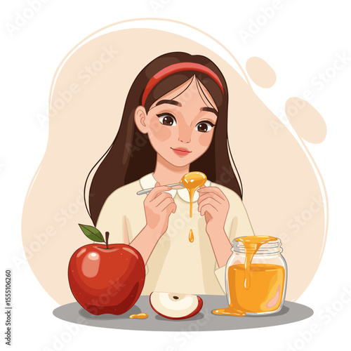 Young girl enjoying honey with apple on light background . Honey Salvation