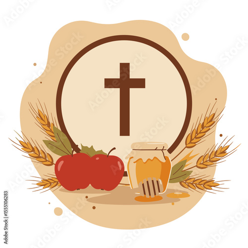 Honey Spas holiday emblem featuring cross, apples, and honey jar  