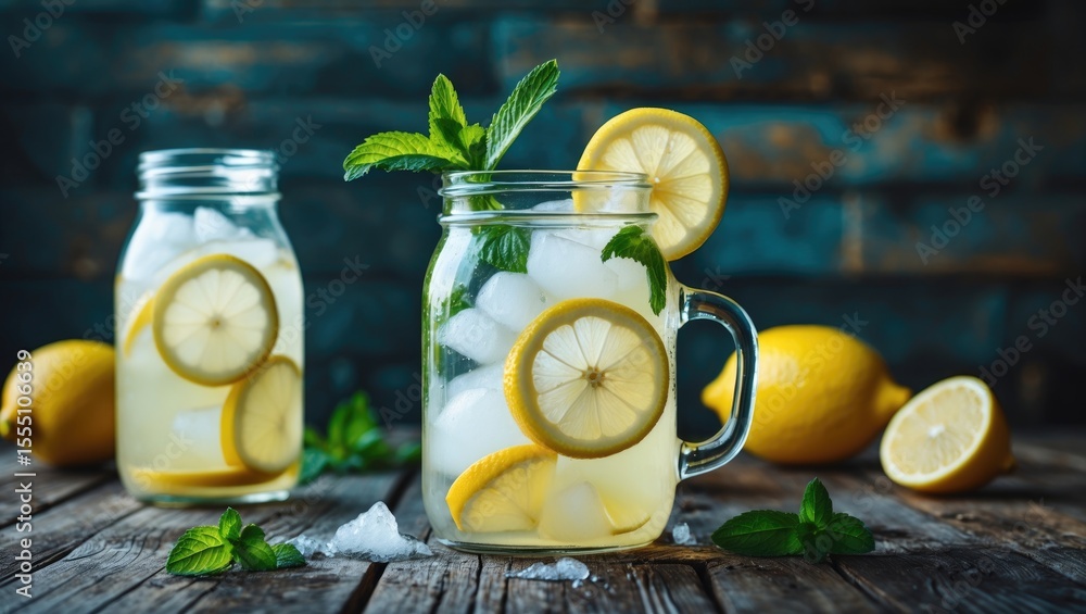 Fototapeta premium Fresh lemon water with ice, mint, and lemon slices in glass jars, arranged on a rustic wooden surface with whole lemons and mint leaves.