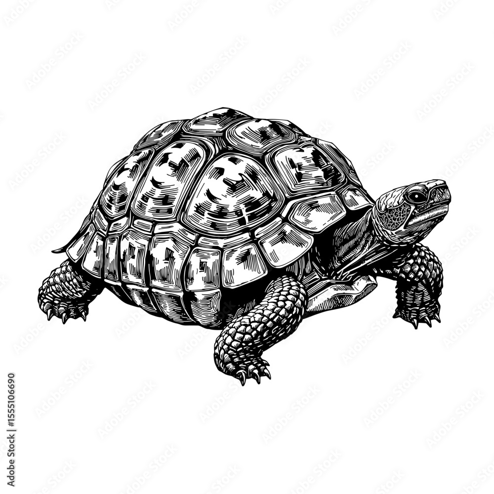 Fototapeta premium A detailed ink illustration of a desert tortoise, with the image style emphasizing intricate textures and the creature's unique shell pattern. The artwork embodies the timeless charm of the tortoise.