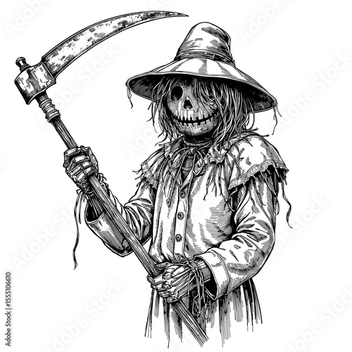 A creepy scarecrow illustration is standing, grasping a large scythe, in a dark and ominous scene, embodying the essence of Halloween and harvest.