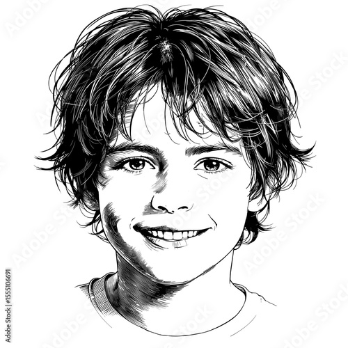 A striking black and white portrait of a joyful boy with tousled hair and a radiant smile, expertly rendered in a detailed sketch style. vector illustration