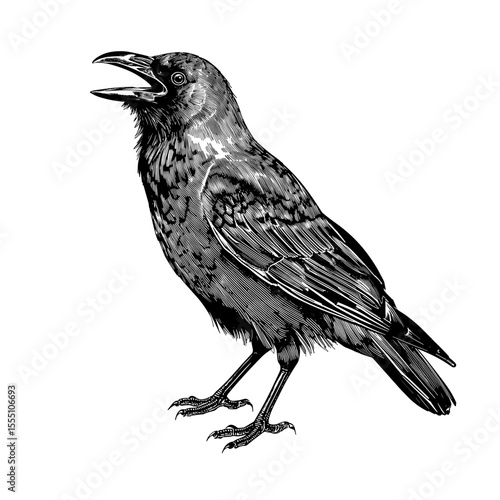 An elegant raven, captured in monochrome illustration, stands alert, mouth slightly ajar, as though vocalizing a message of mystery and wisdom. vector illustration