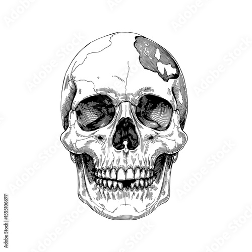 A detailed black and white rendering of a human skull, showcasing the intricate skeletal structure and fine artistic detail. Evoking contemplation on mortality, and anatomy.