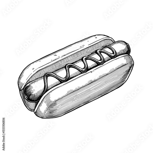 A detailed, black-and-white line drawing showcases a classic hot dog. The focus is on the simple pleasure of good food.  vector illustration