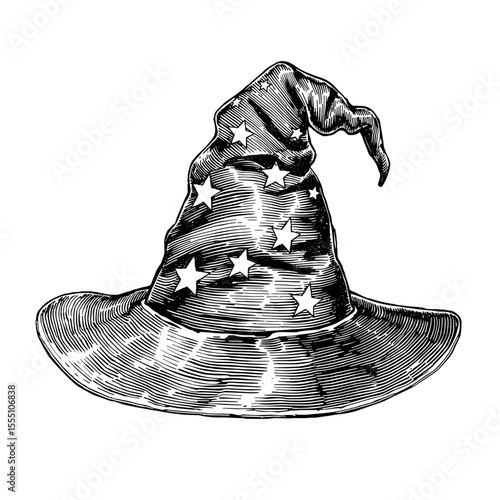 An intricate illustration of a wizard's hat, decorated with stars, stands as a symbol of magic, fantasy, and enchantment. The image captures the detailed textures and forms.