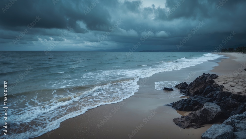 Fototapeta premium A stormy seascape with cloudy sky, ocean waves, shoreline, and rocks on the beach.