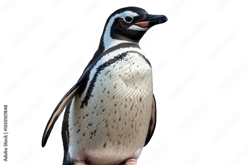 Fototapeta premium Penguin stands prominently, showcasing its unique features against a transparent background, highlighting the intricate patterns and colors of its plumage