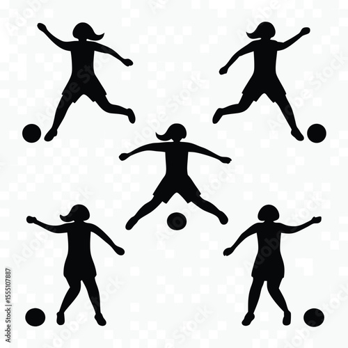 Silhouette Illustration of Women Playing Soccer in Various Poses Representing Teamwork Athleticism and Sportsmanship on a White Background with Pixelated Pattern