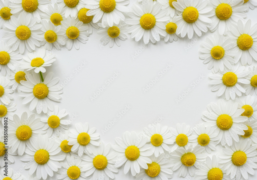 Fototapeta premium Daisies framing a white background creating a floral border with yellow centers and white petals
