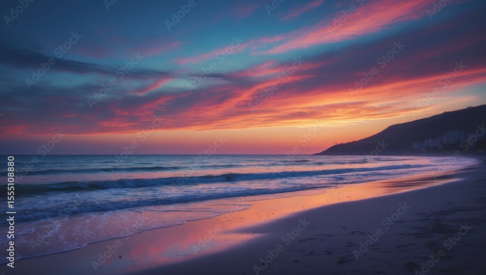 Fototapeta premium Sunset over the beach with colorful sky, ocean waves, and silhouette of the coast at dusk. Nature and scenery, peaceful and serene environment.
