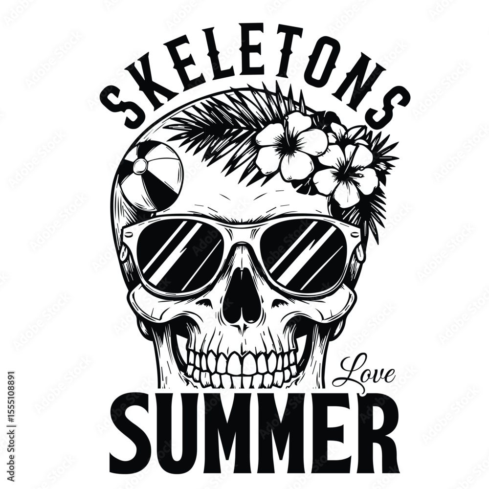 Fototapeta premium Black and white illustration of a skull with sunglasses and tropical flowers enjoying summer funny t shirt design