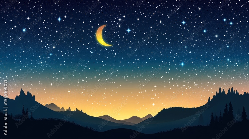 Fototapeta premium Tranquil Nightscape: A captivating illustration depicts a serene night scene. The expansive sky shimmers with countless stars and the graceful crescent moon.