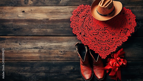 Valentine's Day heart made of red paper doily with cowboy boots and hat on a wooden background