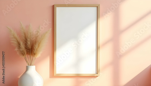 Empty picture frame on a peach wall with pampas grass.