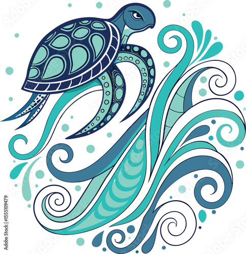Cuadro en lienzo Illustration of a stylized sea turtle (family Cheloniidae) within a black circle