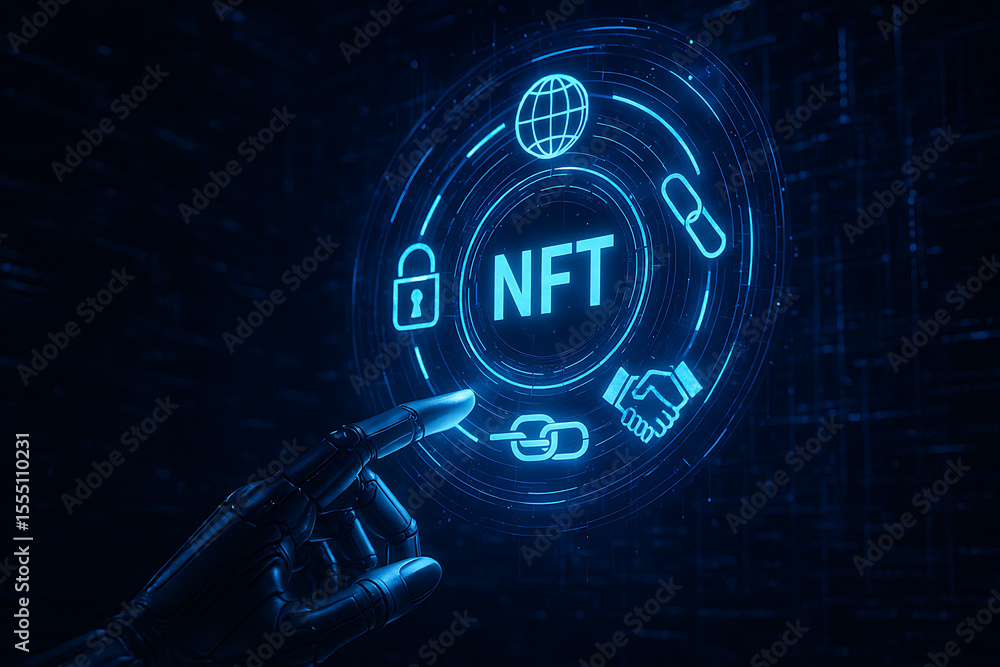 Obraz premium Robotic Hand Interacting with Virtual NFT Interface in Digital Space