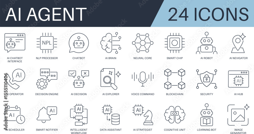 Fototapeta premium AI Agent icon set in outline style. Includes chatbot, AI brain, neural core, smart chip, cognitive unit, and more.
