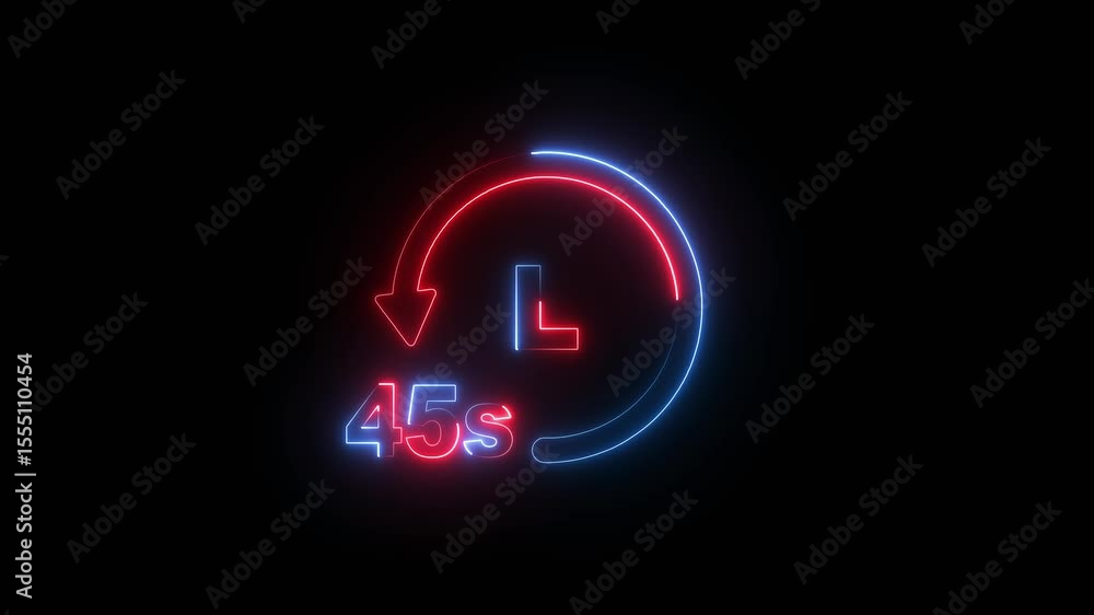 Glowing neon line 45 seconds countdown timer. 10 seconds countdown animation with refreshing arrow. stopwatch concept on a transparent background. Glowing neon line 45 seconds countdown timer. 10 seconds countdown animation with refreshing arrow. stopwatch concept on a transparent background.
