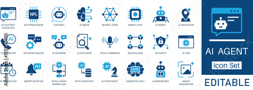 AI Agent and Chatbot solid icon set. Contains icons as NLP, Neural Core, AI Robot, and Decision Engine. Flat vector symbols for artificial intelligence, machine learning, and automation.