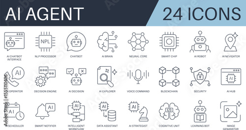 AI Agent icon set in outline style. Includes chatbot, AI brain, neural core, smart chip, cognitive unit, and more.