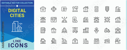 Digital Cities related icon set. Contains related to home, building, urban, city and more. Smart Cities icon collection. Web icons pack. Editable vector stroke.