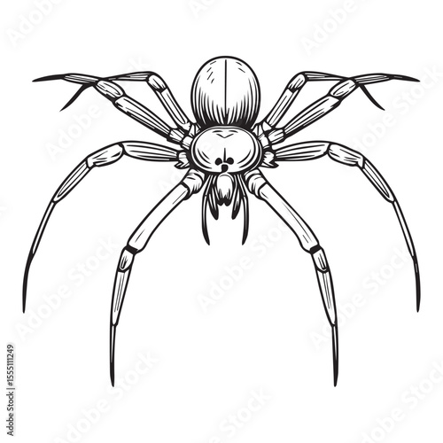 Detailed Line Art Illustration of a Spider with Eight Legs and Fangs