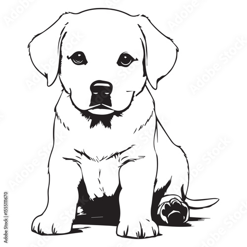 Black and White Illustration of a Cute Labrador Puppy Sitting Down